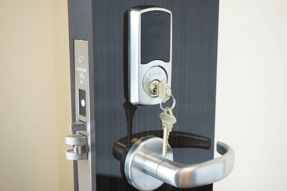 Electronic lock and keyed lever on a dark door